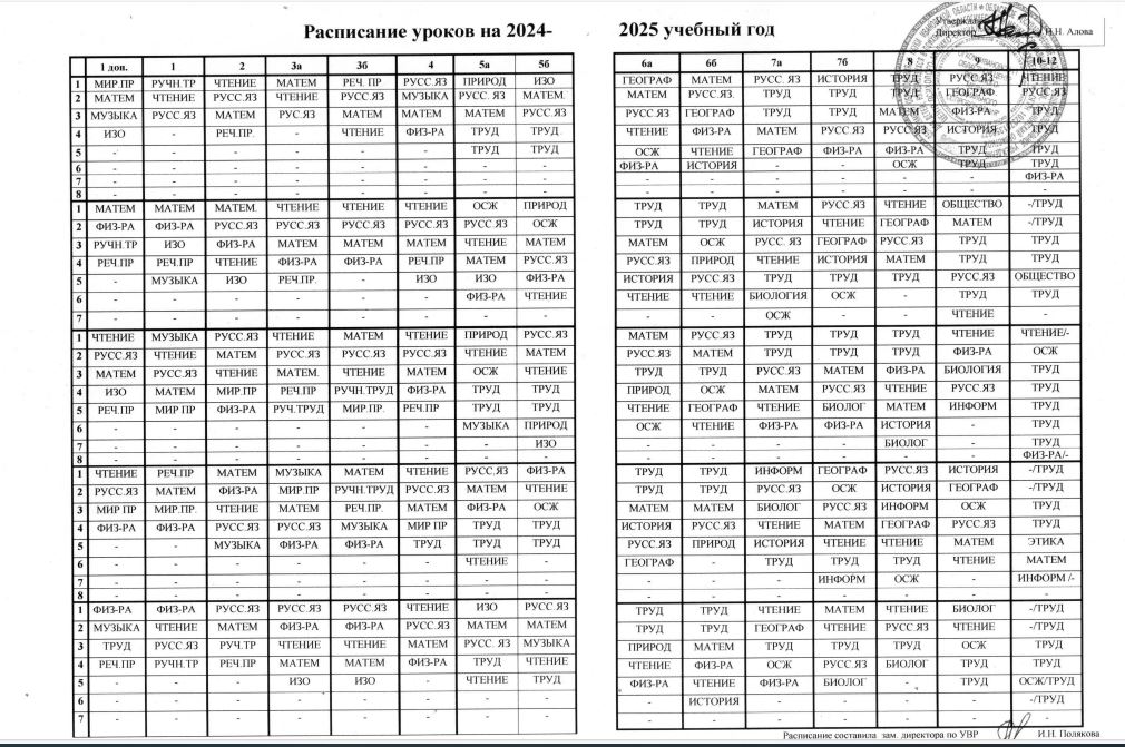 Расписание уроков на 2024-2025 учебный од